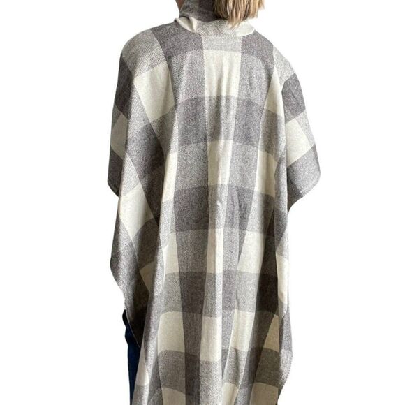 Vintage Unisex 1970s Checkered Cream Gray 100% Wool Hippie Western Poncho One Sz - Picture 5 of 10